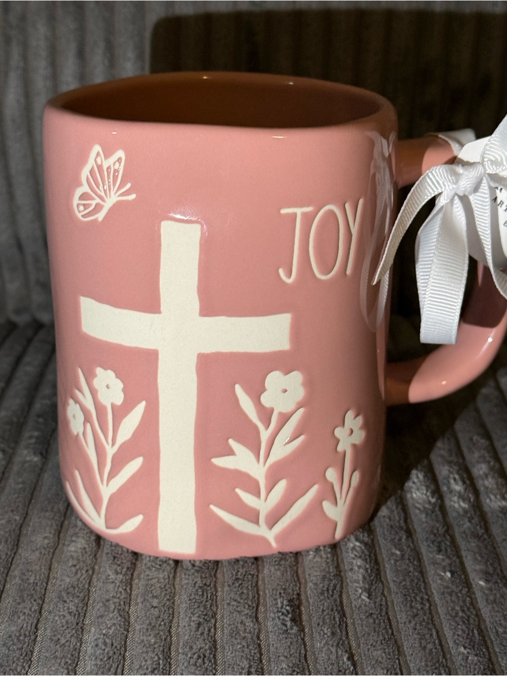 Rae Dunn Pink Ceramic JOY Mug with White Cross & Floral Pattern